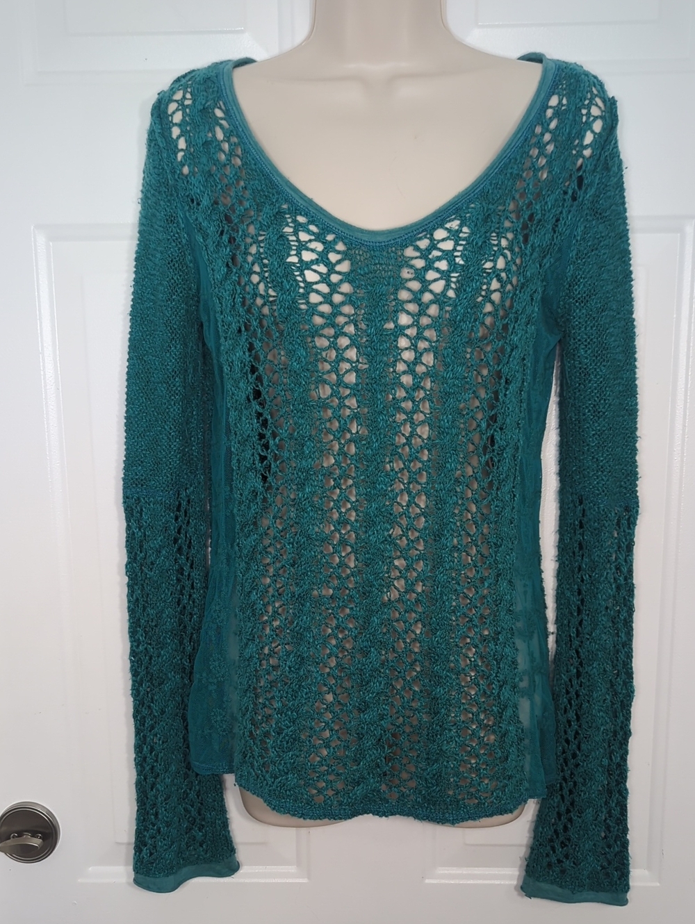 American Rag Teal Blue Open Knit Boho Crochet Sweater Sheer Floral Lace Sides